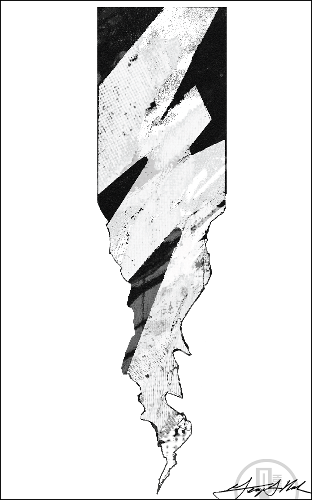 Abstract black and white design featuring jagged lightning bolt shapes.