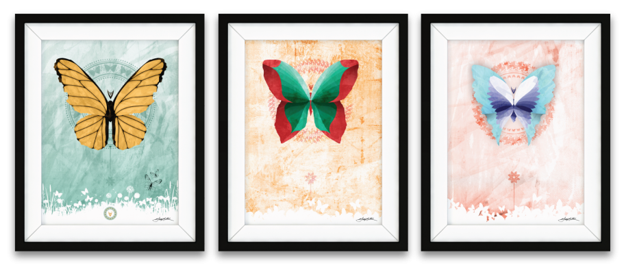 Graceful Bloom Butterfly Art Three framed butterfly illustrations with colorful designs on textured backgrounds.