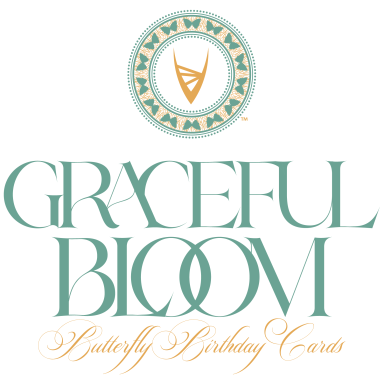 Graceful Bloom Butterfly Birthday Cards Logo featuring the text "Graceful Bloom" with a butterfly motif and decorative elements.